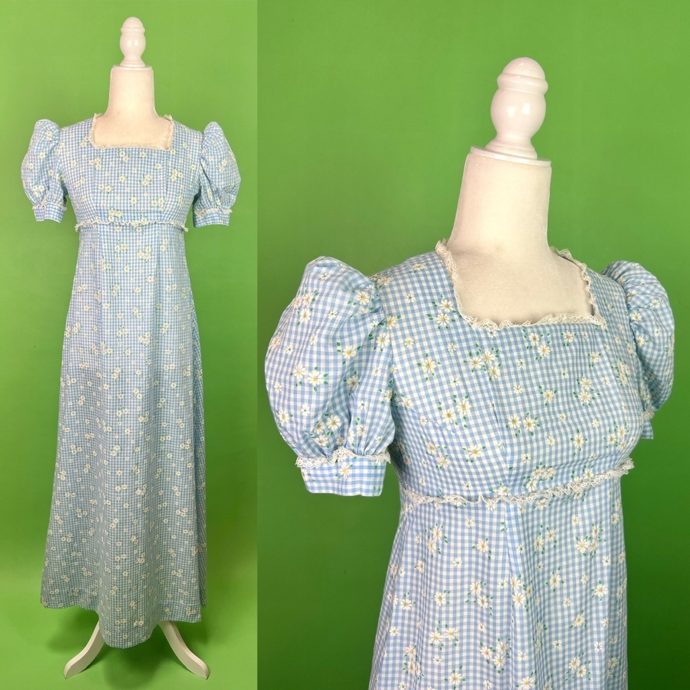 Vintage 60s 70s Blue Gingham Flocked Daisy Empire Waist Dress - Size XS